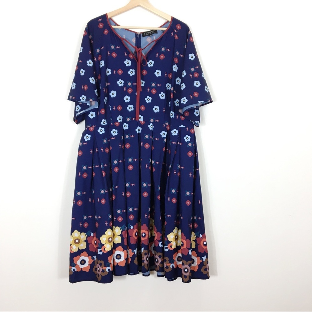 Eloquii Fit Flare Floral Detail Dress Short-Sleeve